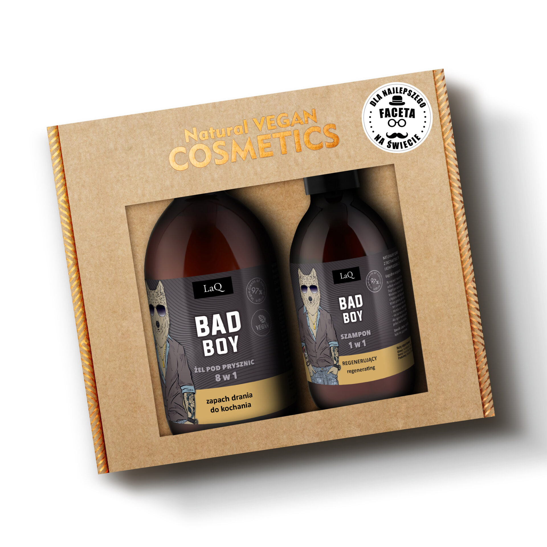 zestaw prezentowy w kartoniku z naklejką LaQ Bad Boy zawiera żel pod prysznic 500 ml oraz szampon 300 ml