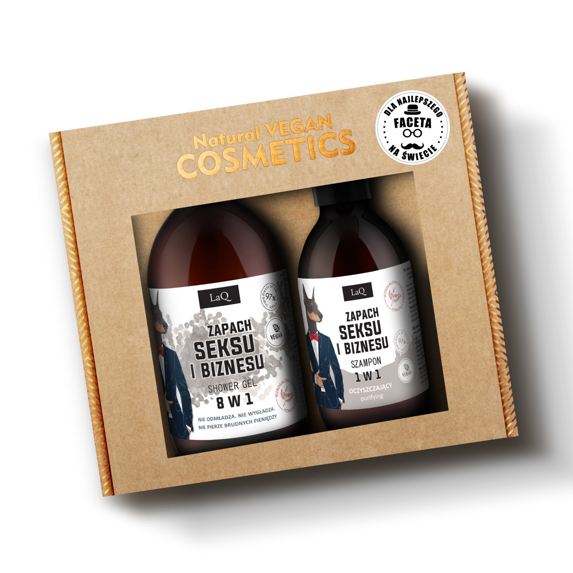 zestaw prezentowy w kartoniku z naklejką LaQ Zapach Seksu i Biznesu zawiera żel pod prysznic 500 ml oraz szampon 300 ml