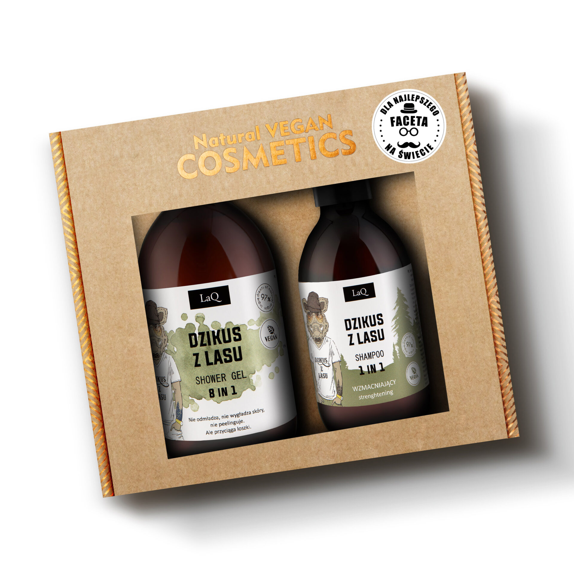zestaw prezentowy w kartoniku z naklejką LaQ Dzikus z Lasu zawiera żel pod prysznic 500 ml oraz szampon 300 ml