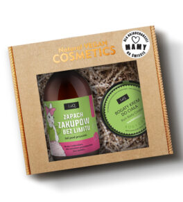 LaQ Zestaw żel 500 ml Zapach zakupów bez limitu Kiwi i Winogrona oraz bogaty krem do ciała rewitalizujący 220 g w kartoniku prezentowym na sianku