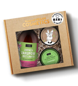LaQ Zestaw żel 500 ml Zapach zakupów bez limitu Kiwi i Winogrona, masło do twarzy 50 ml i mus do mycia twarzy 40 g w kartoniku prezentowym na sianku