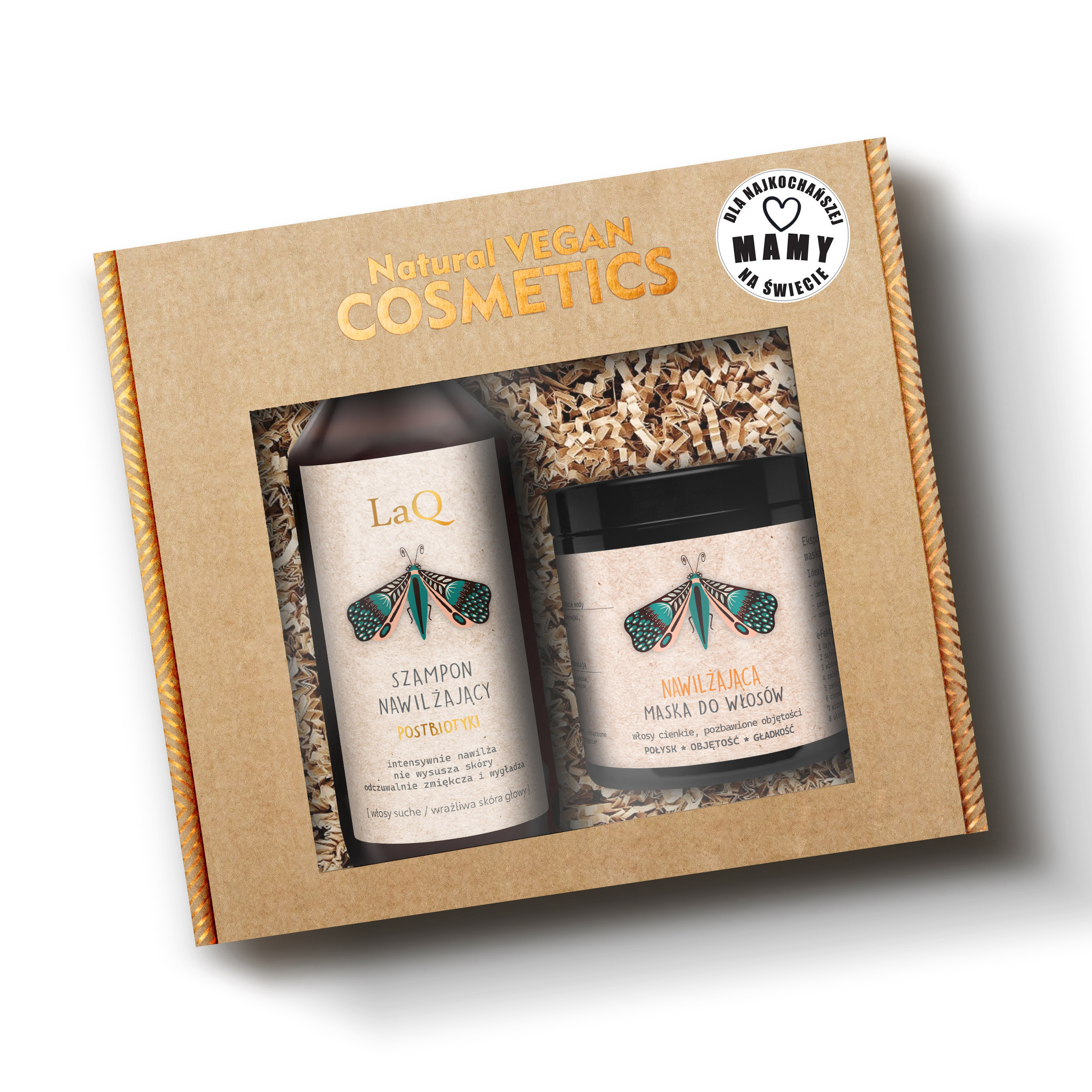 zestaw kosmetyków LaQ do włosów-zawiera szampon nawilżający 300 ml oraz ekspresową maskę do włosów 250 ml w kartoniku prezentowym dla mamy