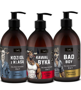 zestaw żeli pod prysznic dla mężczyzn marki LaQ 3x500 ml , zawiera żele Kawał Byka, Bad Boy oraz Kozioł z klasą