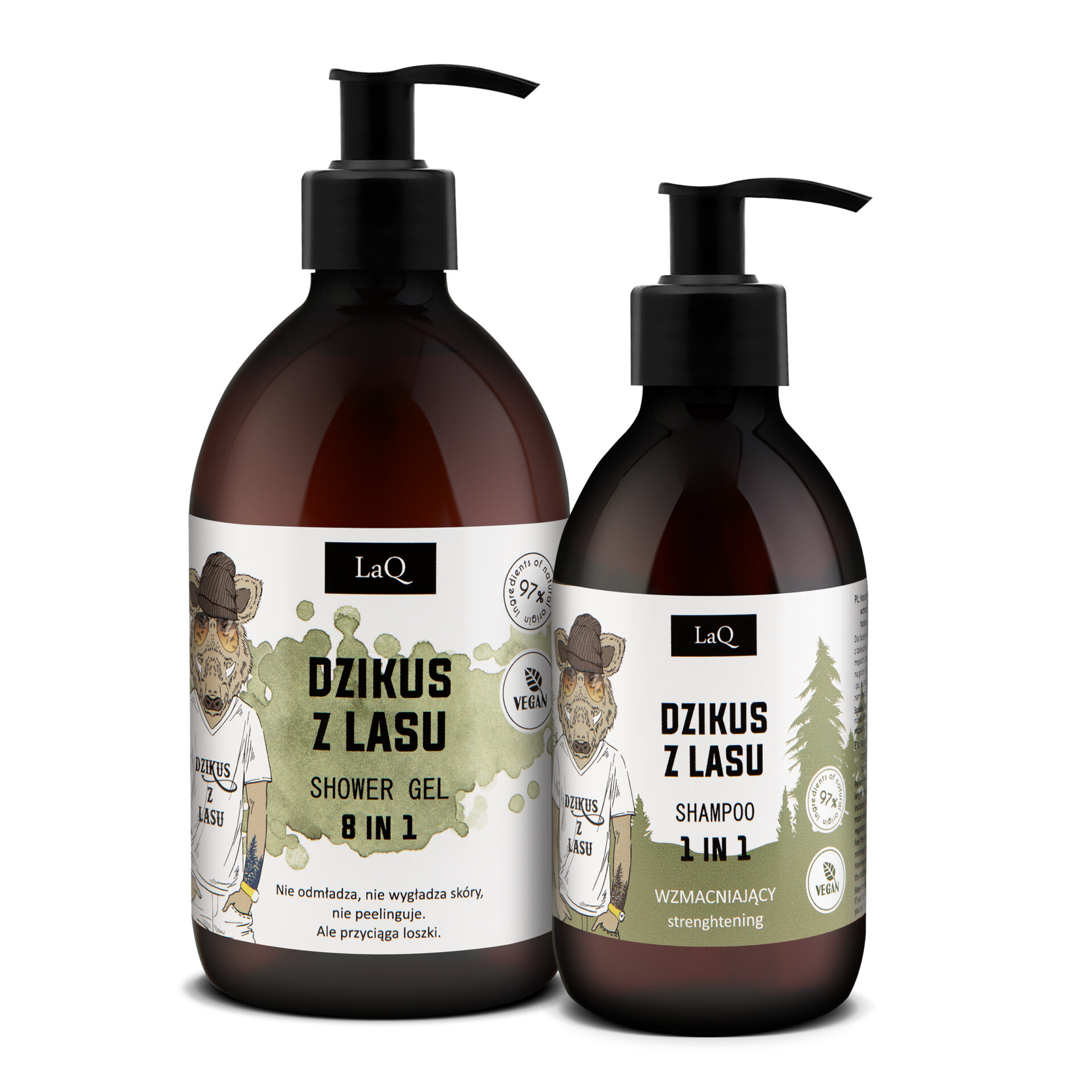 zestaw prezentowy LaQ Dzikus z Lasu zawiera żel pod prysznic 500 ml oraz szampon 300 ml