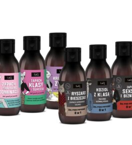 LaQ Discovery Box zestaw travel size 6 x 100 ml żeli pod prysznic 6: Piwonia , Niezapominajka, Magnolia i Różowy Pieprz, Zapach Seksu i Biznesu , Ryszard z Bieszczad oraz Kozioł z Klasą