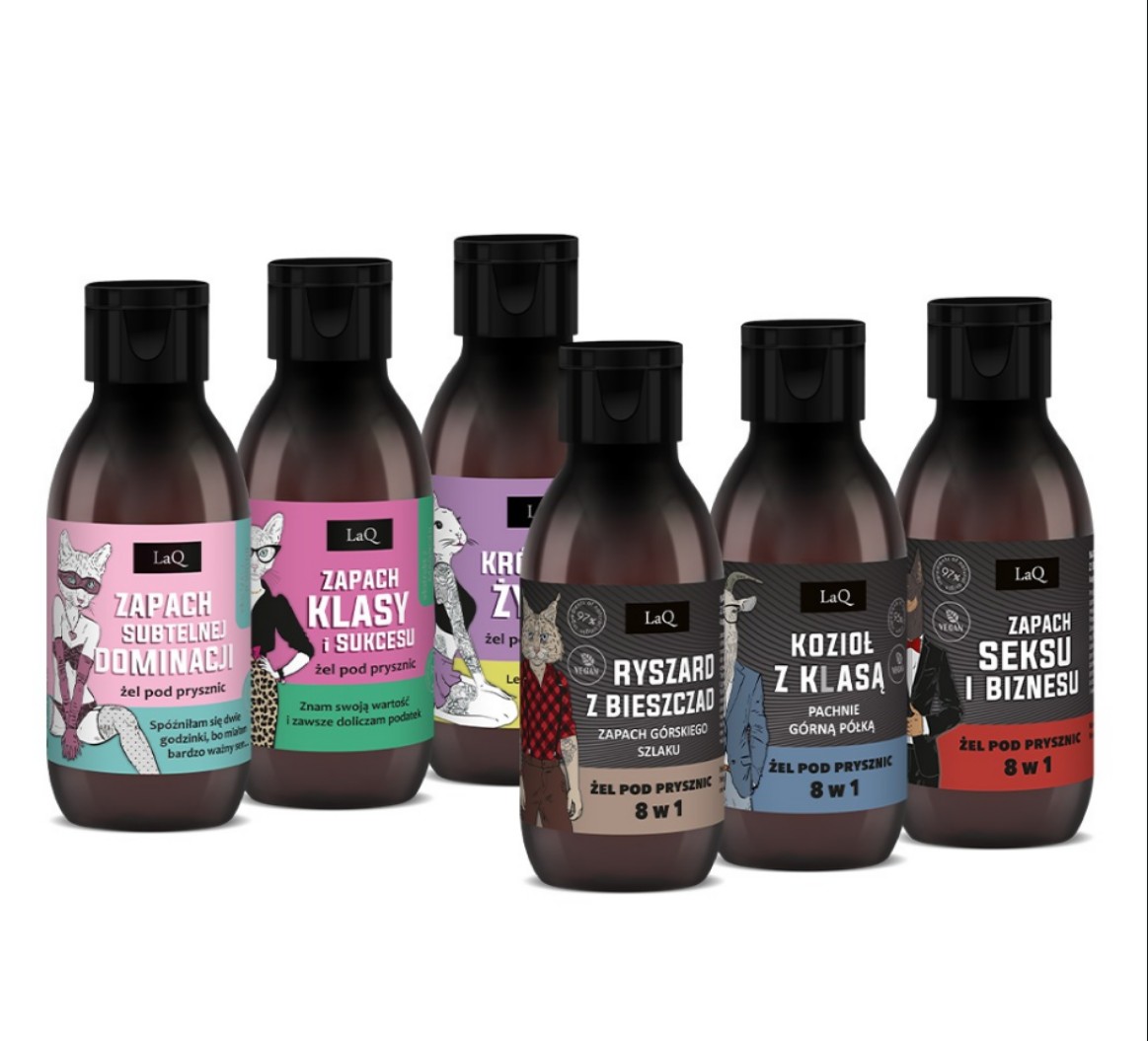 LaQ Discovery Box zestaw travel size 6 x 100 ml żeli pod prysznic 6: Piwonia , Niezapominajka, Magnolia i Różowy Pieprz, Zapach Seksu i Biznesu , Ryszard z Bieszczad oraz Kozioł z Klasą