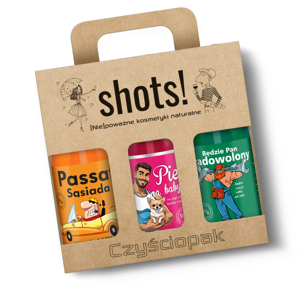zestaw 3 x 500 ml każdy żeli pod prysznic Shots! zawierający żel pod prysznic Passat Sąsiada, Pies na baby oraz Będzie Pan Zadowolony