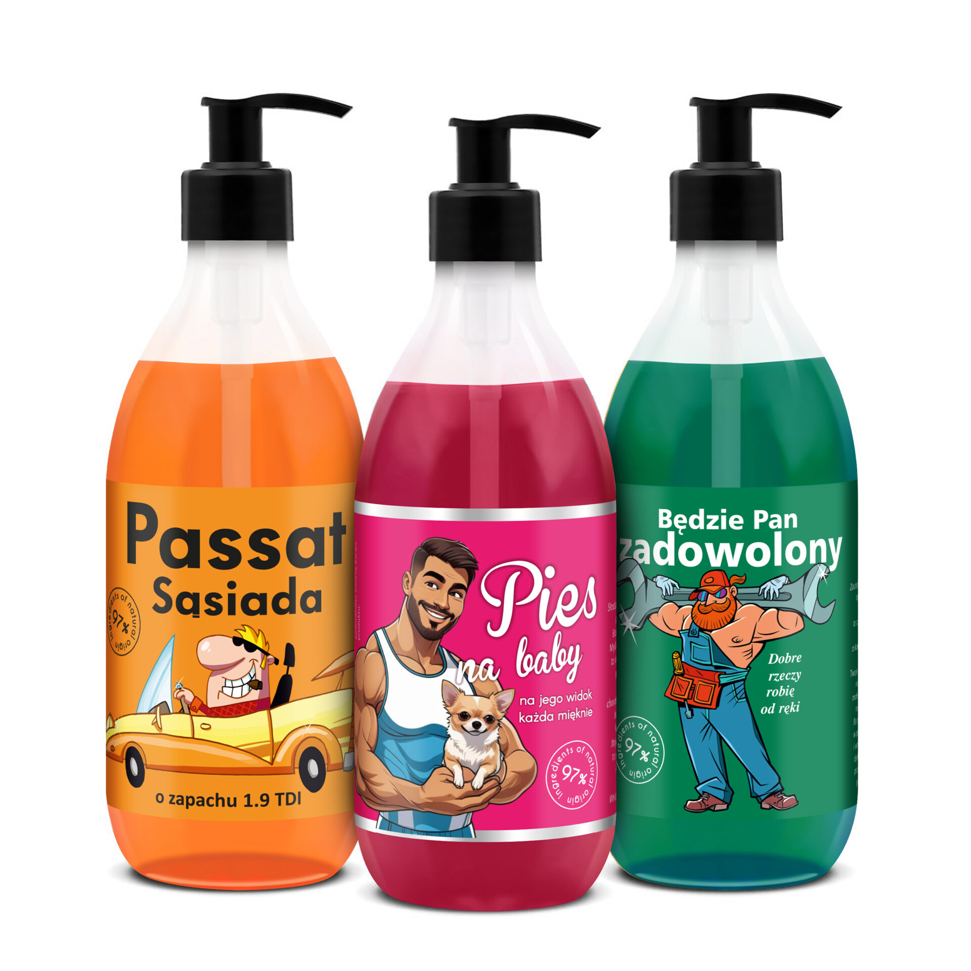 zestaw 3 x 500 ml każdy żeli pod prysznic Shots! zawierający żel pod prysznic Passat Sąsiada, Pies na baby oraz Będzie Pan Zadowolony, zapakowane w kartonik prezentowy z uchwytem