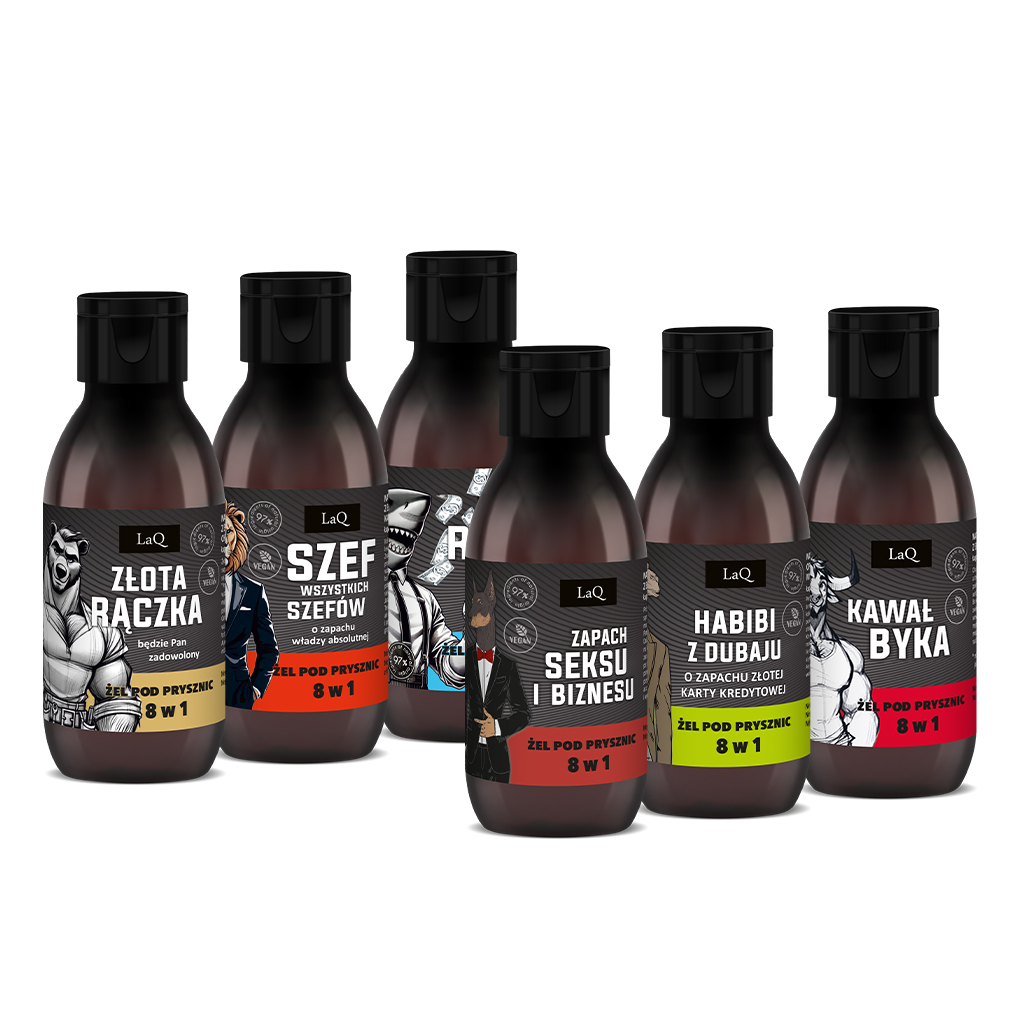 zestaw 6 żeli pod prysznic dla mężczyzn marki LaQ 6 x 100 ml travel size, zawiera żele: Złota Rączka, Szef Wszystkich Szefów, Rekin Biznesu, Zapach Seksu i Biznesu, Habibi z Dubaju oraz Kawał Byka