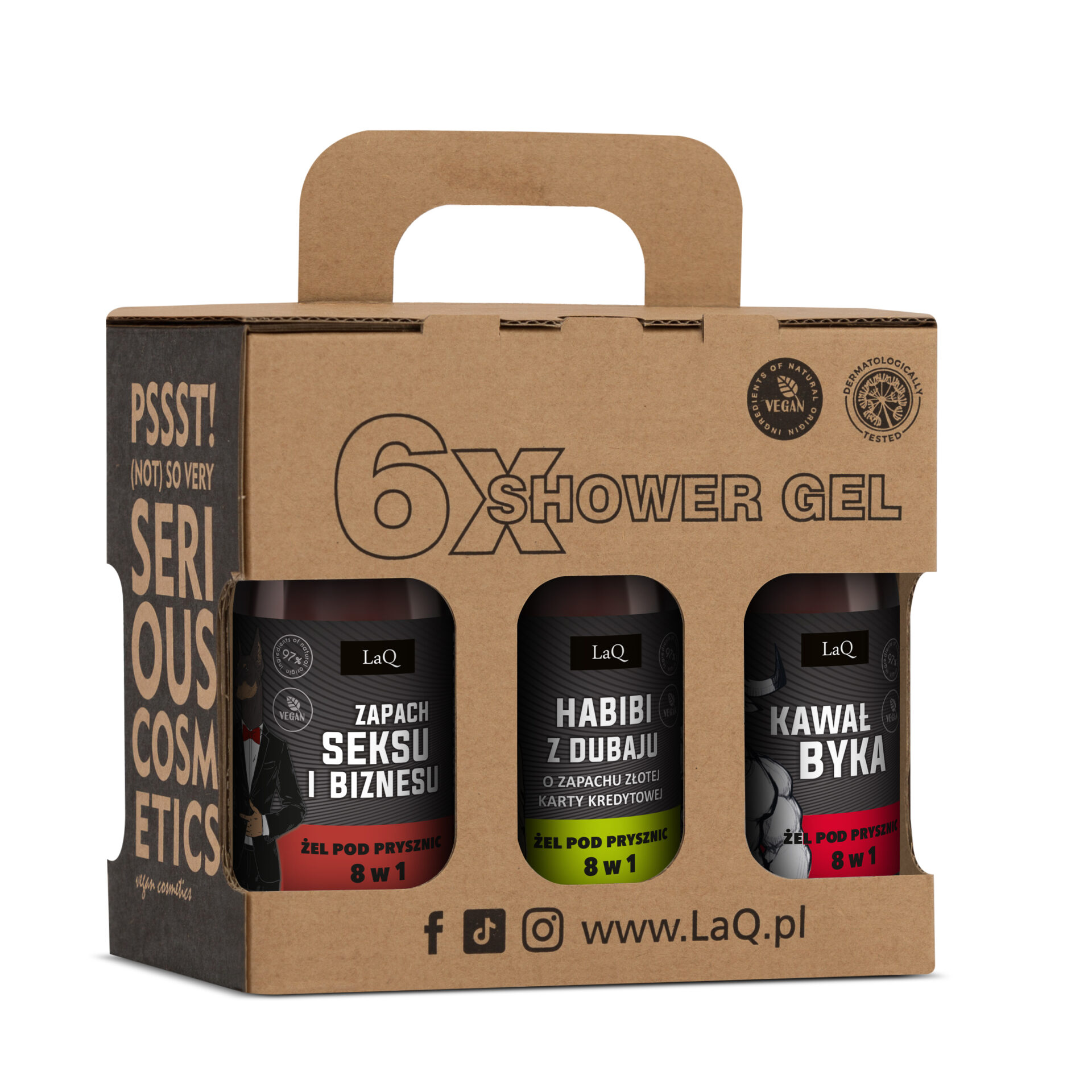 zestaw 6 żeli pod prysznic dla mężczyzn marki LaQ 6 x 100 ml travel size, zawiera żele: Złota Rączka, Szef Wszystkich Szefów, Rekin Biznesu, Zapach Seksu i Biznesu, Habibi z Dubaju oraz Kawał Byka w kartoniku prezentowym z uchwytem