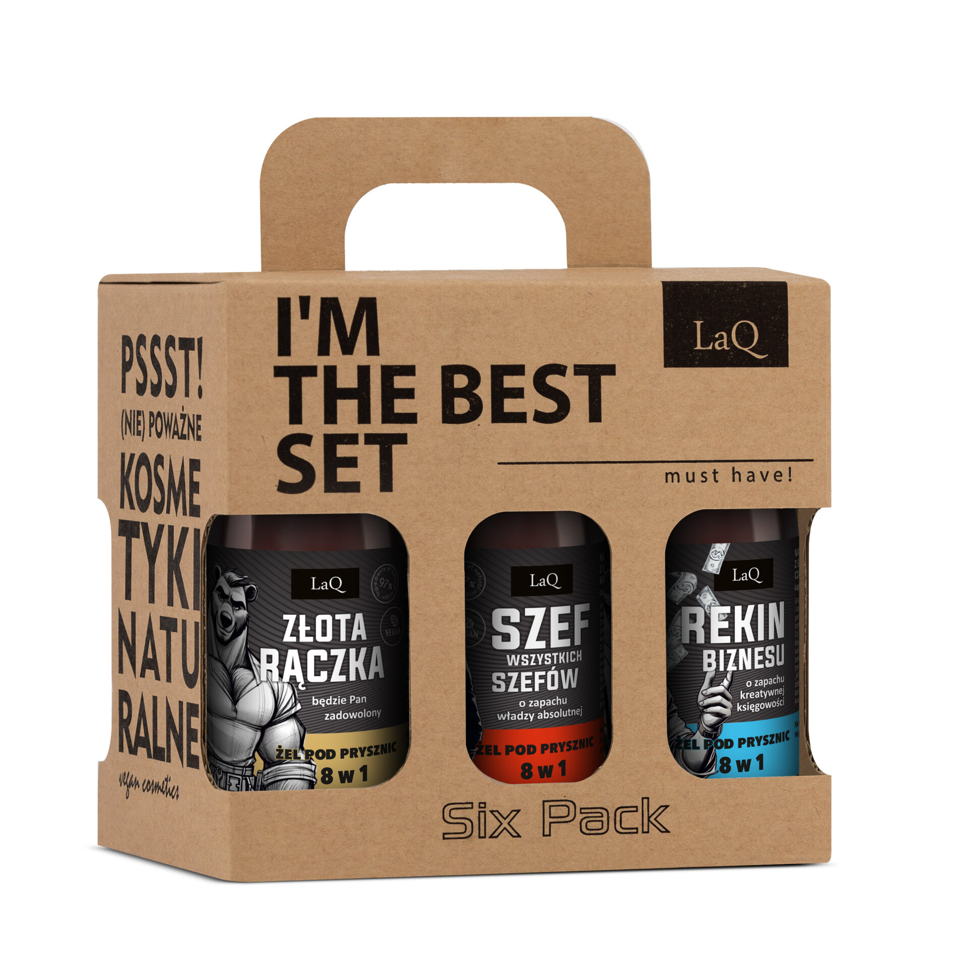 zestaw 6 żeli pod prysznic dla mężczyzn marki LaQ 6 x 100 ml travel size, zawiera żele: Złota Rączka, Szef Wszystkich Szefów, Rekin Biznesu, Zapach Seksu i Biznesu, Habibi z Dubaju oraz Kawał Byka w kartoniku prezentowym z uchwytem