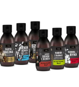zestaw 6 żeli pod prysznic dla mężczyzn marki LaQ 6 x 100 ml travel size, zawiera żele: Złota Rączka, Szef Wszystkich Szefów, Rekin Biznesu, Zapach Seksu i Biznesu, Habibi z Dubaju oraz Kawał Byka