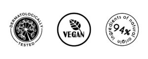 piktogramy zanków: testowane dermatologicznie, produkt wegański oraz 94 procent składników pochodzenia naturalnego