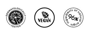 piktogramy zanków: testowane dermatologicznie, produkt wegański oraz 96 procent składników pochodzenia naturalnego