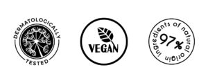 piktogramy zanków: testowane dermatologicznie, produkt wegański oraz 97 procent składników pochodzenia naturalnego
