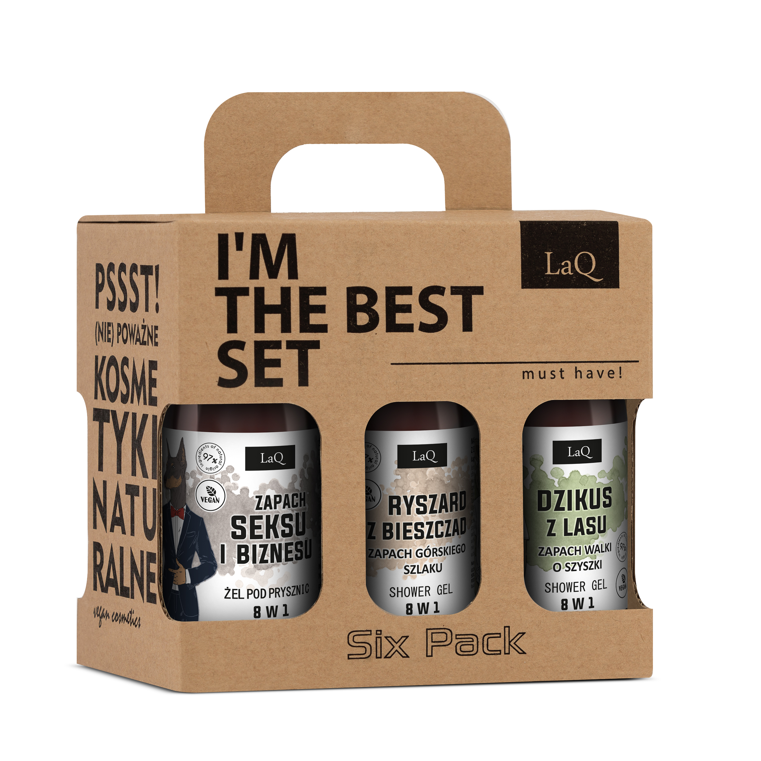 sześciopak męskich żeli LaQ, zawiera 6 x 100 ml mix żeli Ryszard z Bieszczad, Zapach Seksu i Biznesu oraz Dzikus z lasu w pudełku prezentowym