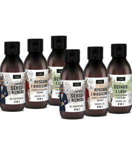 sześciopak męskich żeli LaQ, zawiera 6 x 100 ml mix żeli Ryszard z Bieszczad, Zapach Seksu i Biznesu oraz Dzikus z lasu