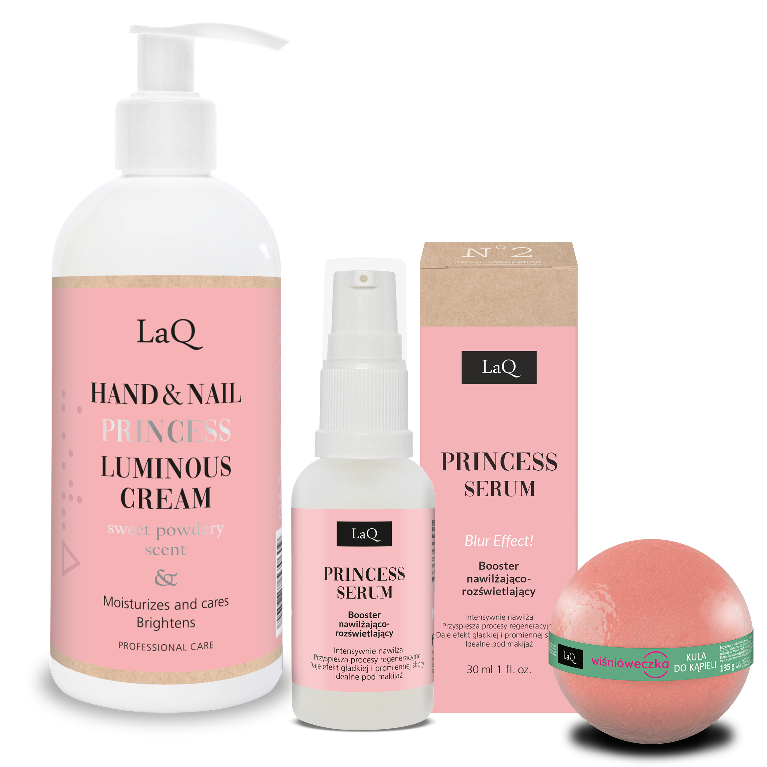 zestaw kosmetyków krem do rąk serum do twarzy kula do kąpieli LaQ