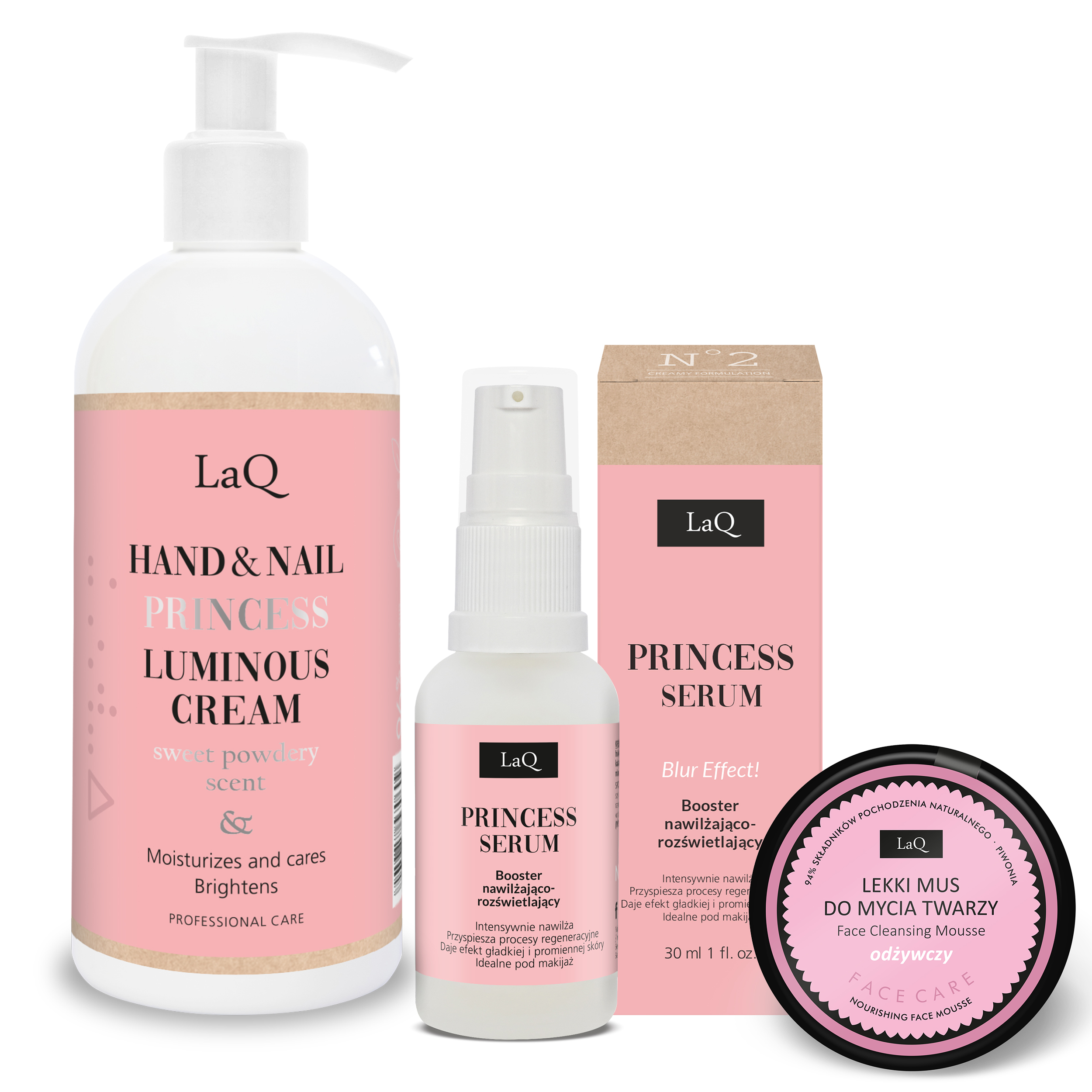 zestaw kosmetyków krem do rąk serum do twarzy mus do mycia twarzy LaQ