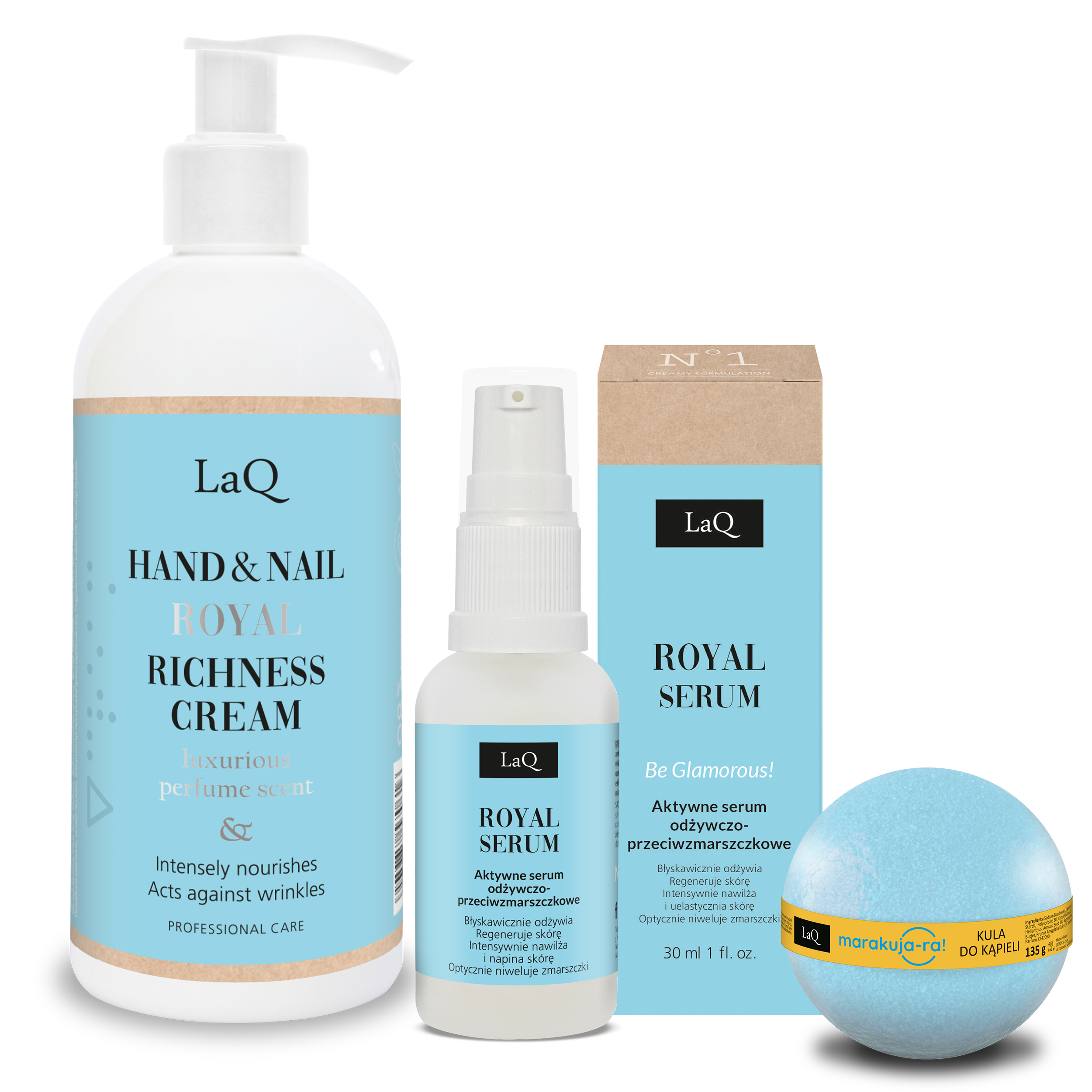 zestaw kosmetyków krem do rąk serum do twarzy kula do kąpieli LaQ