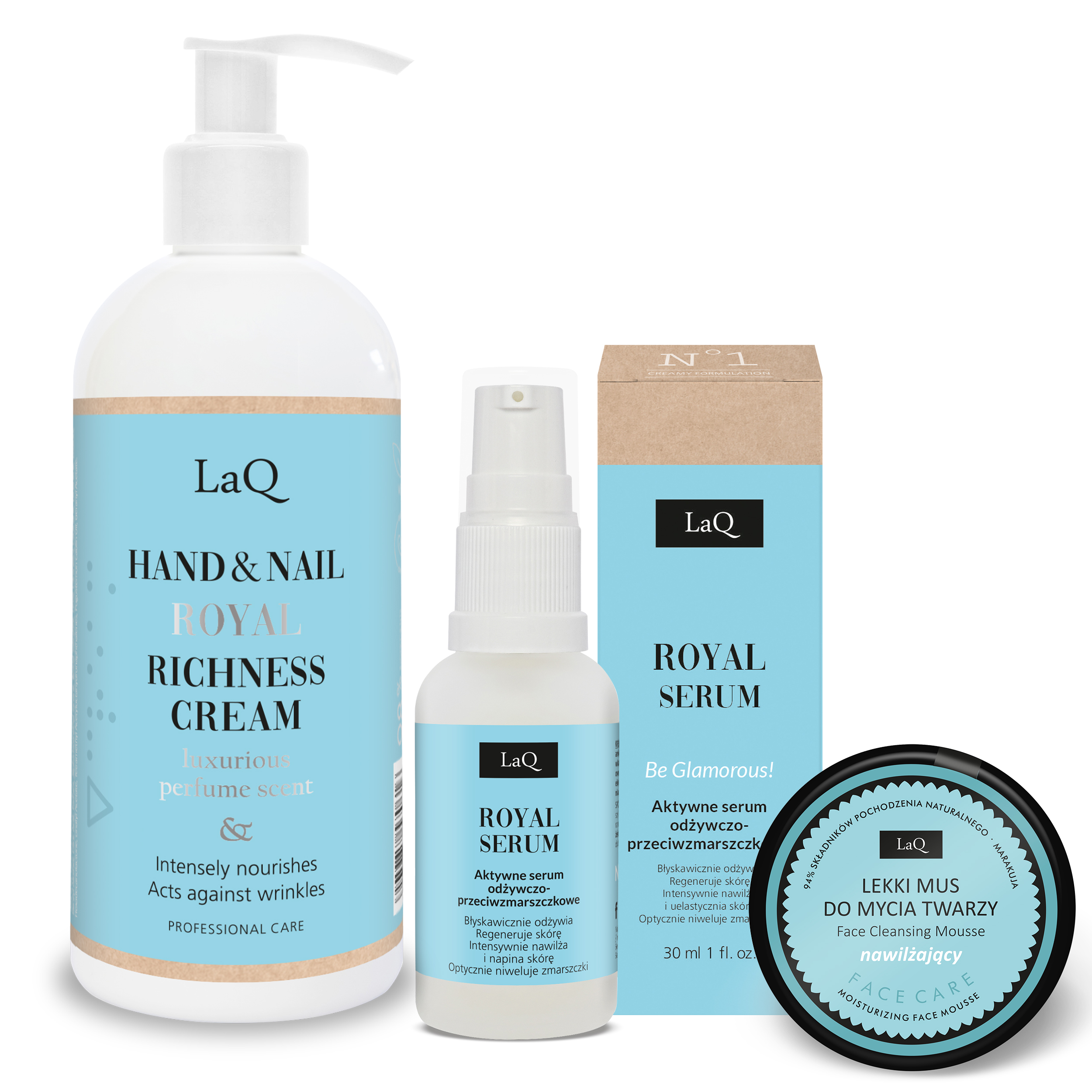 zestaw kosmetyków krem do rąk serum do twarzy mus do mycia twarzy LaQ