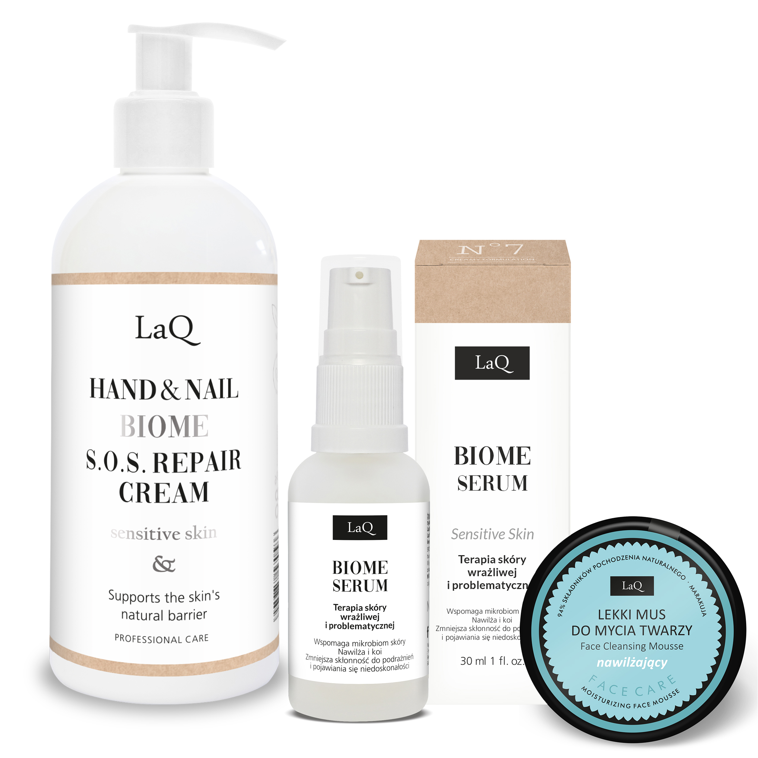 zestaw kosmetyków krem do rąk serum do twarzy mus do mycia twarzy LaQ