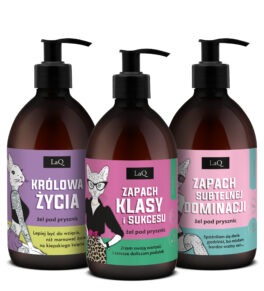 zestaw dla kobiet zawierający 3 żele pod prysznic LaQ 500 ml każdy : Niezapominajka Królowa życia, Magnolia Zapacj klasy i sukcesu oraz Kiwi i Winogrona Zapach Zakupów bez limitu