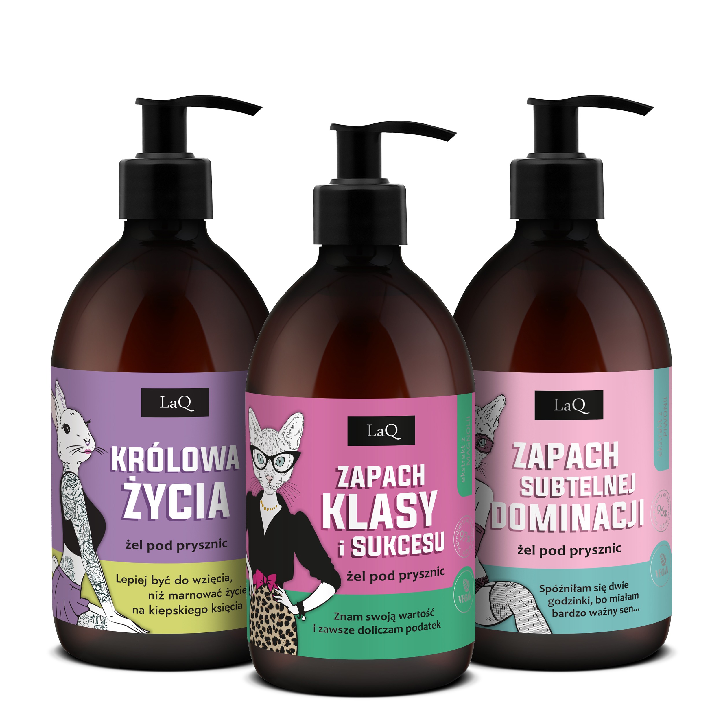 a set for women containing 3 LaQ shower gels, 500 ml each: Forget-me-not, Queen of Life; Magnolia, the scent of class and success; and Kiwi and Peony, the scent of subtle domination.