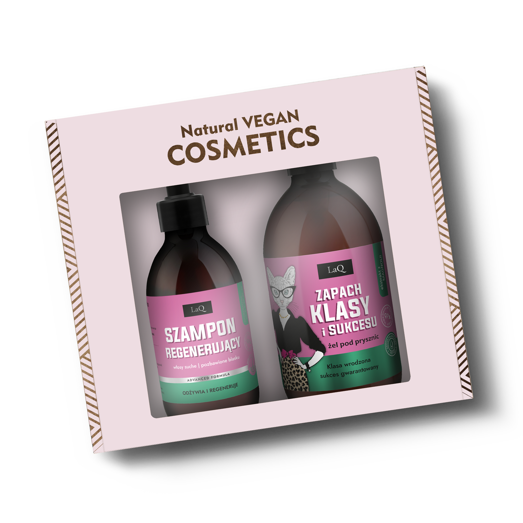 LaQ zestaw Magnolia w różowym kartoniku - zawiera żel pod prysznic 500 ml w butelce z pompką oraz szampon regenerujący 300 ml w butelce z pompką