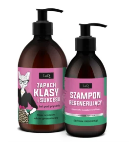 LaQ zestaw Magnolia zawiera żel pod prysznic 500 ml w butelce z pompką oraz szampon regenerujący 300 ml w butelce z pompką