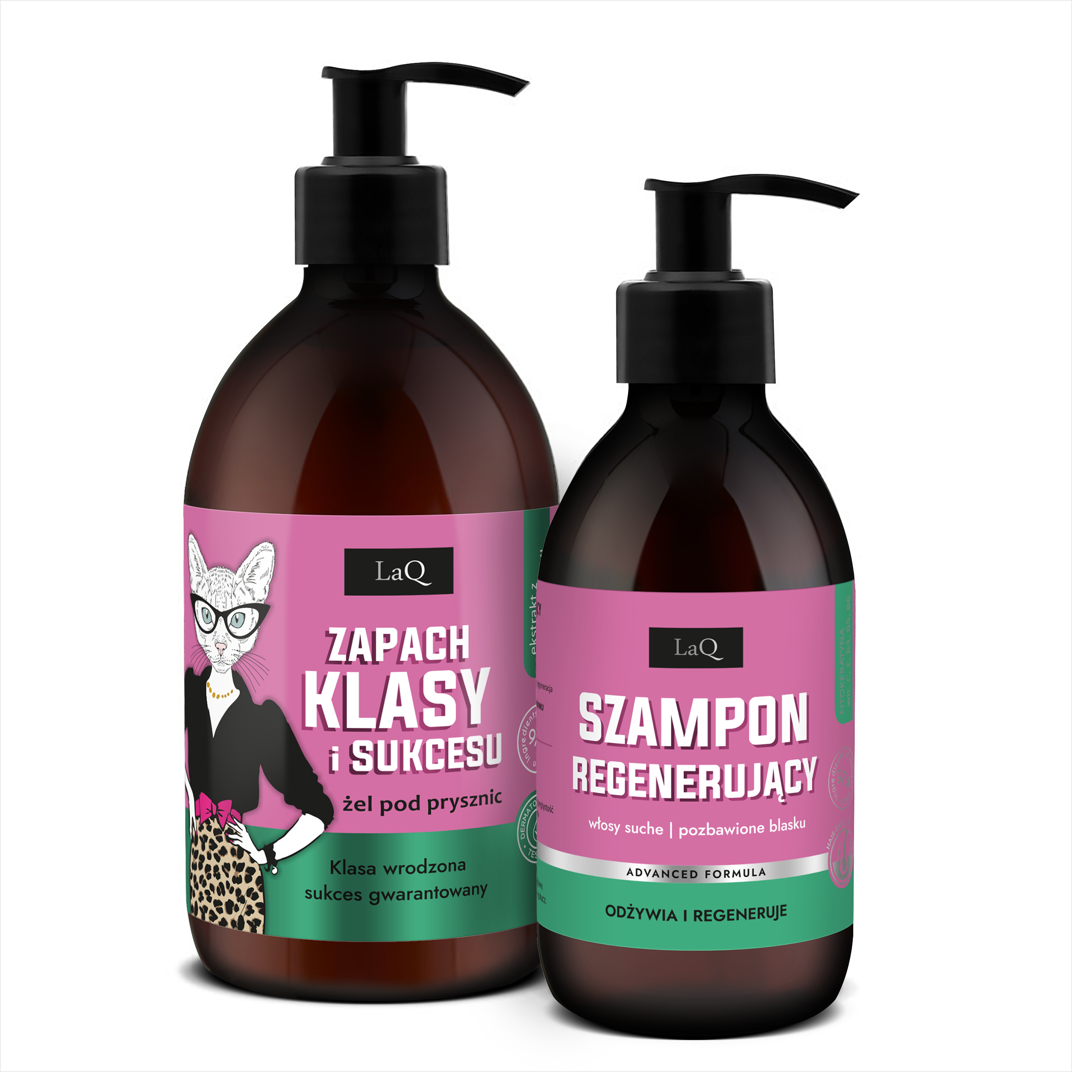 LaQ zestaw Magnolia zawiera żel pod prysznic 500 ml w butelce z pompką oraz szampon regenerujący 300 ml w butelce z pompką