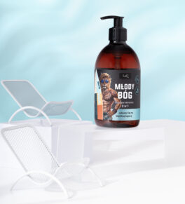 LaQ Młody Bóg men's shower gel in a 500 ml brown bottle with a pump