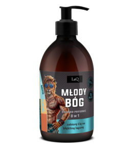 LaQ Młody Bóg men's shower gel in a 500 ml brown bottle with a pump