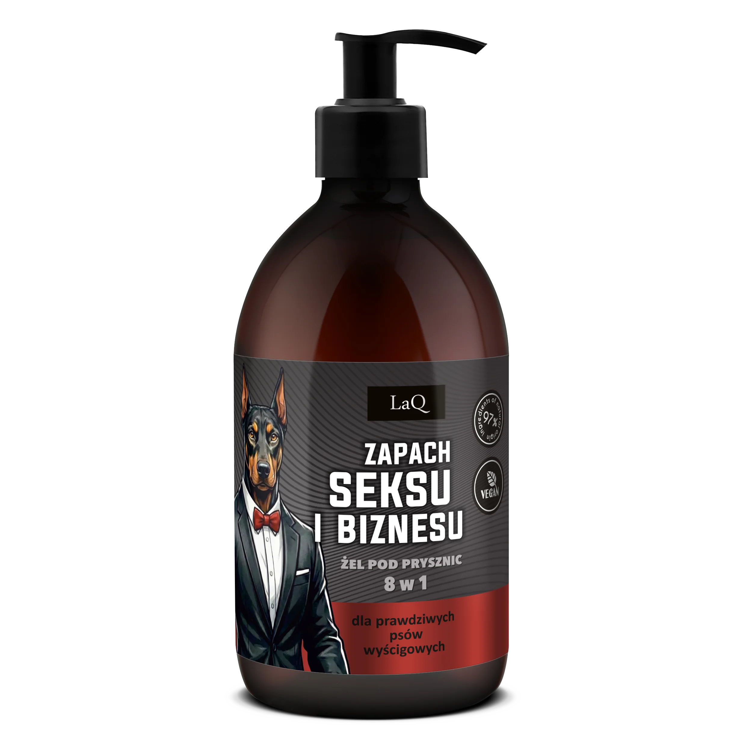 LaQ żel pod prysznic 500 ml o Zapachu Seksu i Biznesu dla prawdziwych psów wyścigowych z czarną etykieta z Dobermanem w garniturze