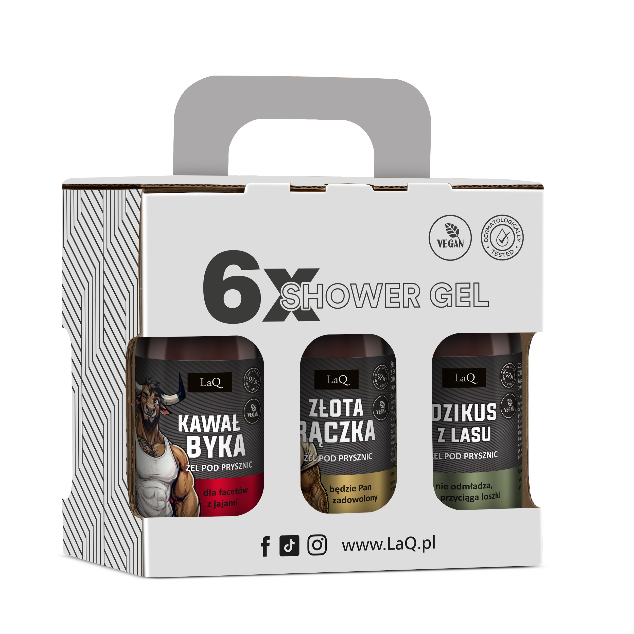 LaQ zestaw sześciopak 6 x 100 ml męskich żeli pod prysznic, zawiera Ryszard z Bieszczad, Mycie Ptaka, Zapach Seksu i Biznesu, Kawał Byka, żlota rączka oraz Dzikus z Lasu w kartoniku prezentowym-back