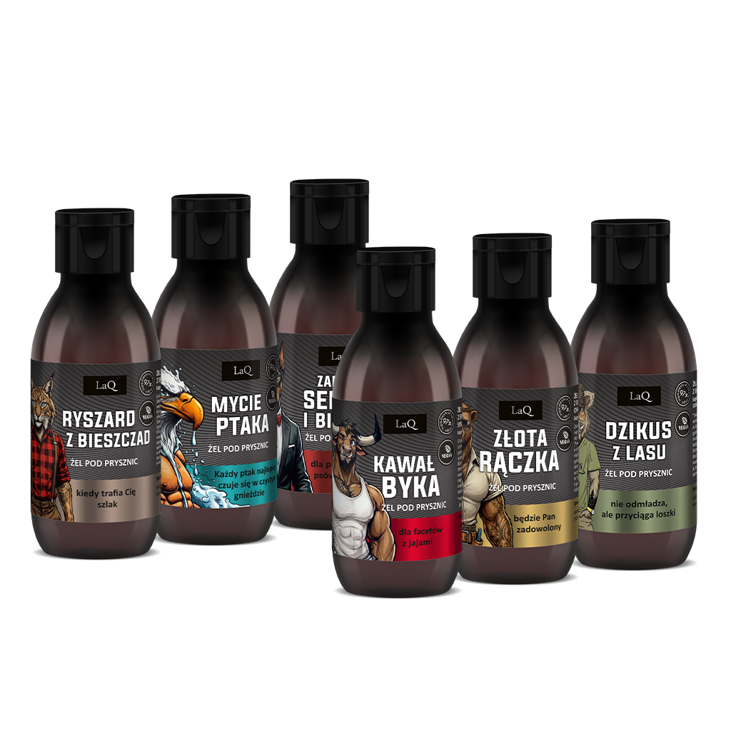 LaQ zestaw sześciopak 6 x 100 ml męskich żeli pod prysznic, zawiera Ryszard z Bieszczad, Mycie Ptaka, Zapach Seksu i Biznesu, Kawał Byka, żlota rączka oraz Dzikus z Lasu