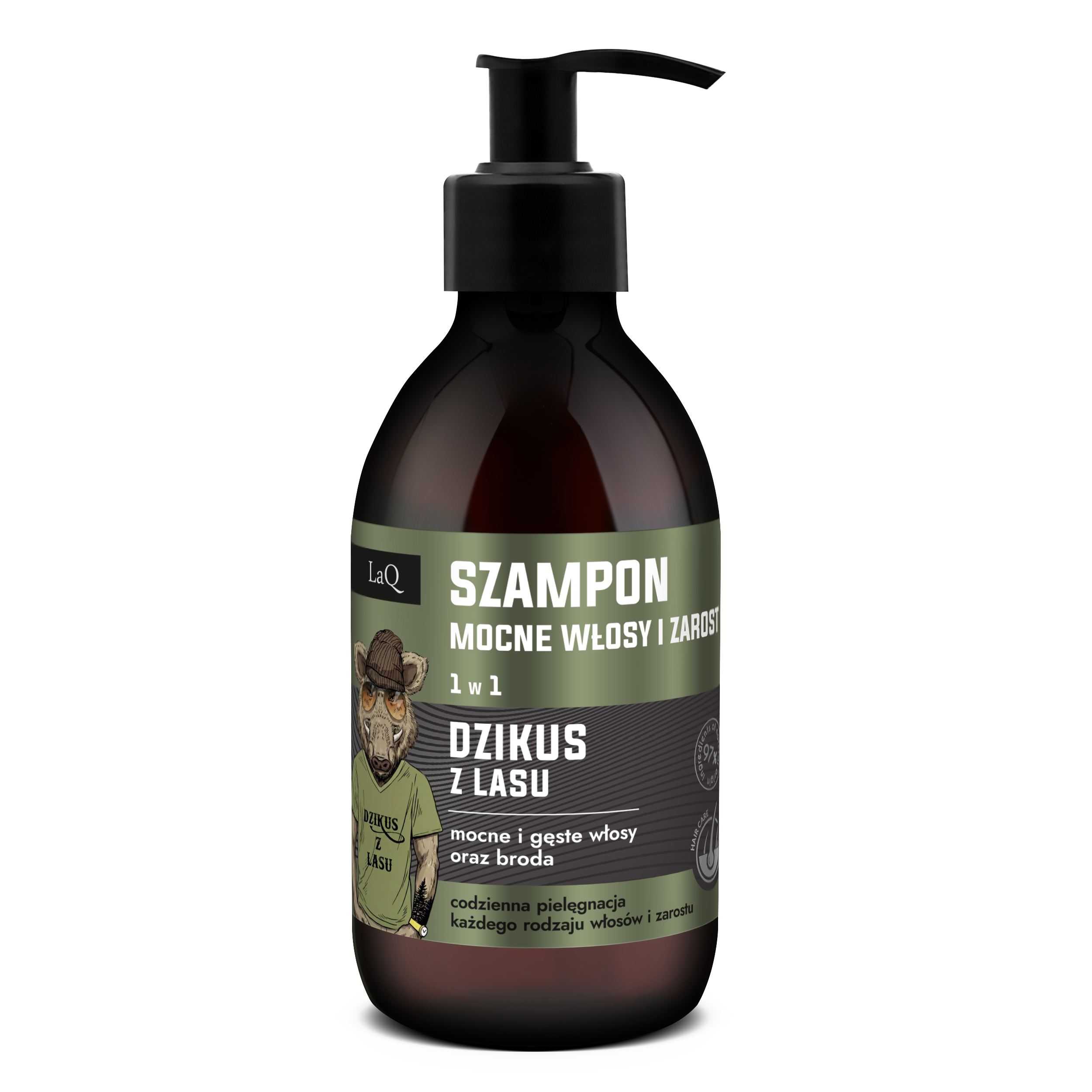 LaQ Dzikus z Lasu szampon wzmacniający 300 ml z pompką oraz etykietą dzika