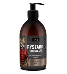 LaQ męski żel pod prysznic Ryszard z Bieszczad w butelce 500 ml z pompką oraz ciemną etykietą z wizerunkiem rysia w kraciastej koszuli
