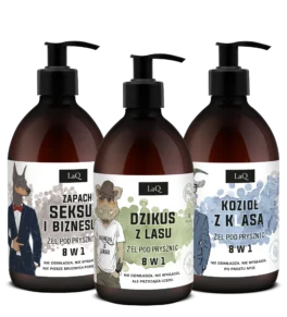 LaQ zestaw czyściopak 3 x 500 ml męskich żeli pod prysznic: Zapach Seksu i Biznesu, Dzikus z lasu oraz Kozioł z Klasą