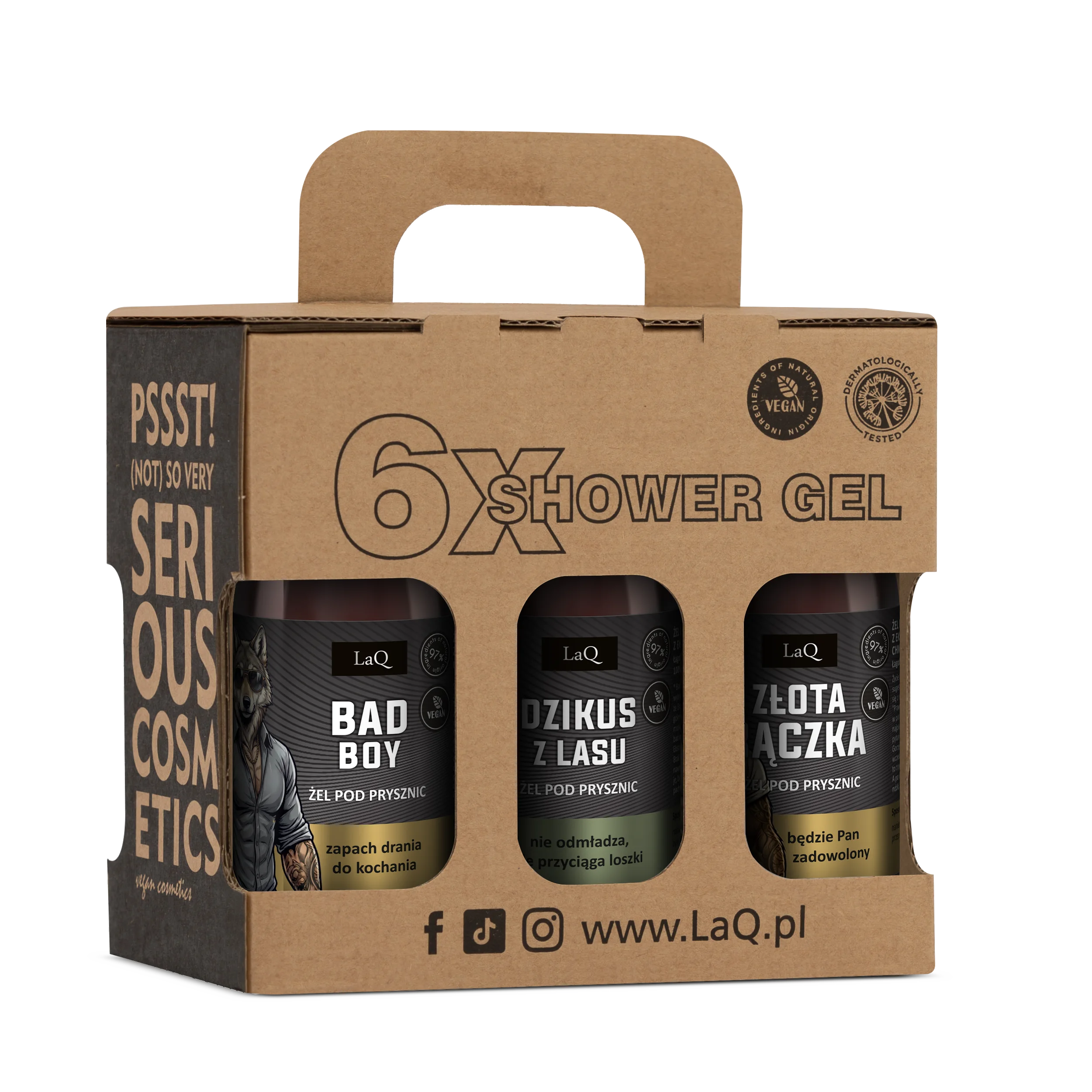 zestaw 6 x 100 ml męskich żeli LaQ, zawiera Zapach Seksu i Biznesu, Ryszrad z Bieszczad, Koizoł z Klasą, Bad Boy, Dzikus z lasu oraz |Złota Rączka w kartoniku z rączką