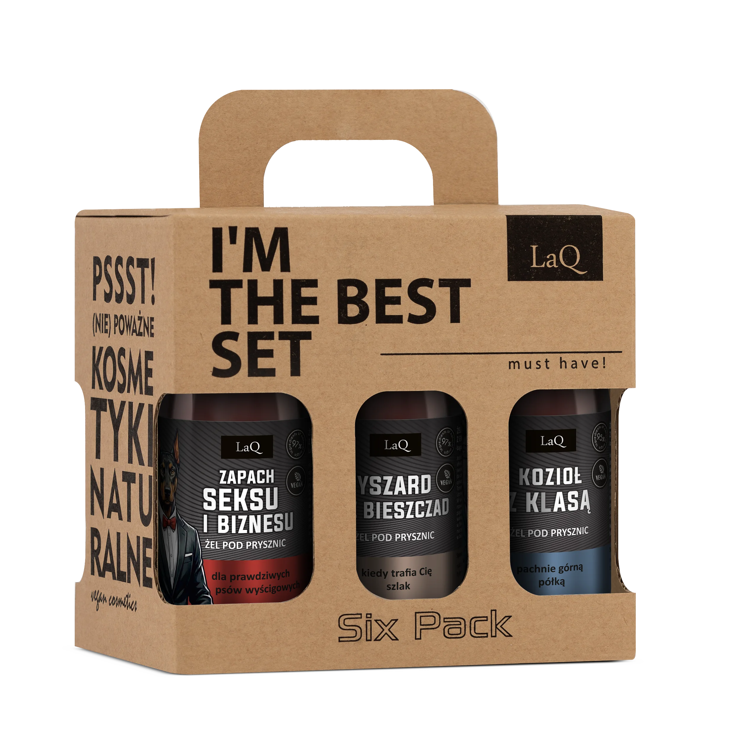 zestaw 6 x 100 ml męskich żeli LaQ, zawiera Zapach Seksu i Biznesu, Ryszrad z Bieszczad, Koizoł z Klasą, Bad Boy, Dzikus z lasu oraz |Złota Rączka w kartoniku z rączką