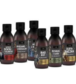 zestaw 6 x 100 ml męskich żeli LaQ, zawiera Zapach Seksu i Biznesu, Ryszrad z Bieszczad, Koizoł z Klasą, Bad Boy, Dzikus z lasu oraz |Złota Rączka