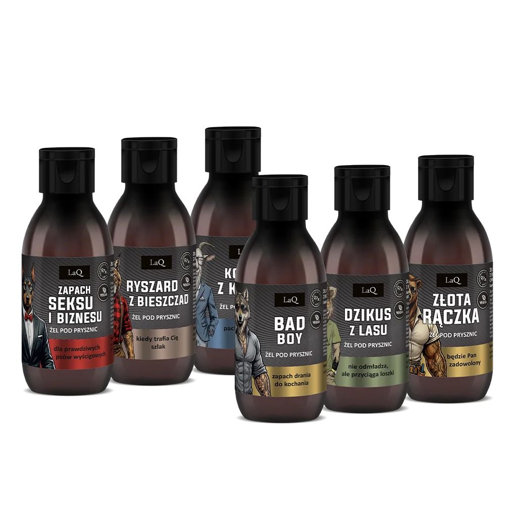 zestaw 6 x 100 ml męskich żeli LaQ, zawiera Zapach Seksu i Biznesu, Ryszrad z Bieszczad, Koizoł z Klasą, Bad Boy, Dzikus z lasu oraz |Złota Rączka